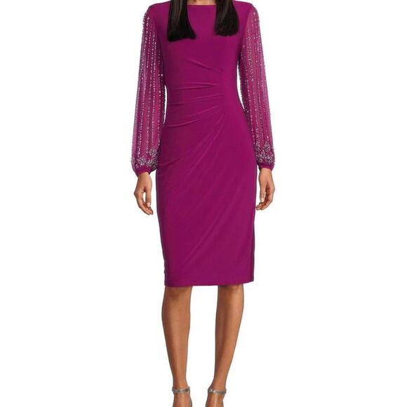 Marina Beaded Mesh Long Sleeve Side Drape Dress Size 8 - Picture 6 of 9